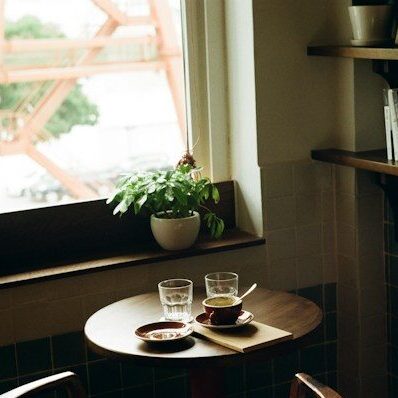 a table with two cups of coffee and a potted plant
